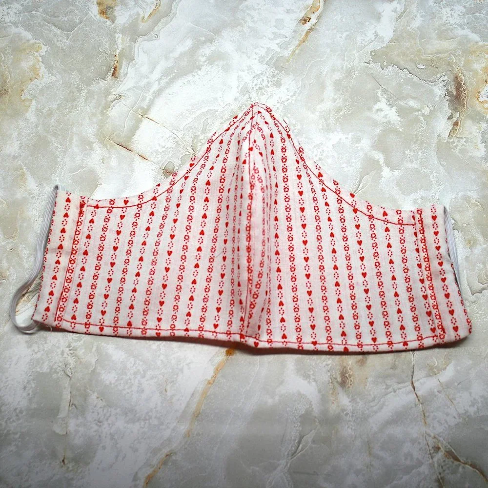 HAND CRAFTED Face Mask Hearts Stripe Adult Cloth Fabric Print - Shield Style